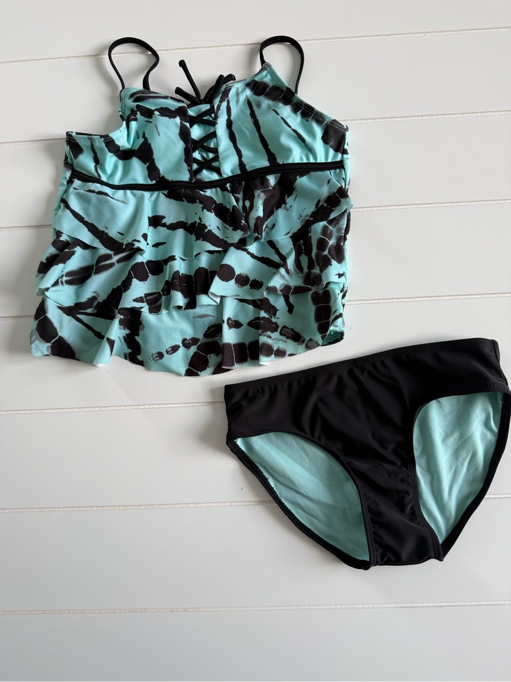 Justice Aquamarine and Black Ruffle Tankini Set